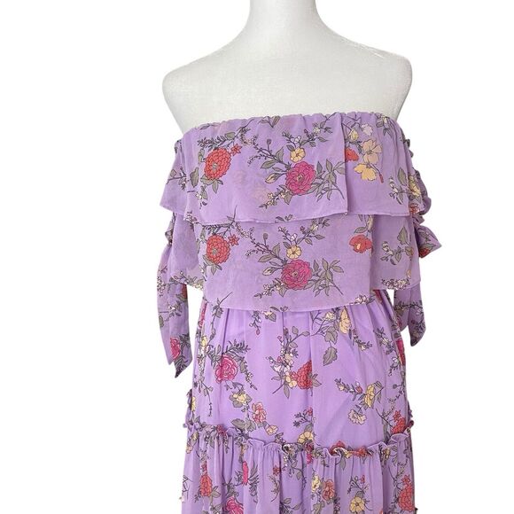 Shero Small Midi Dress Long Flowy Floral Purple Off the Shoulder Lavender - Picture 6 of 13